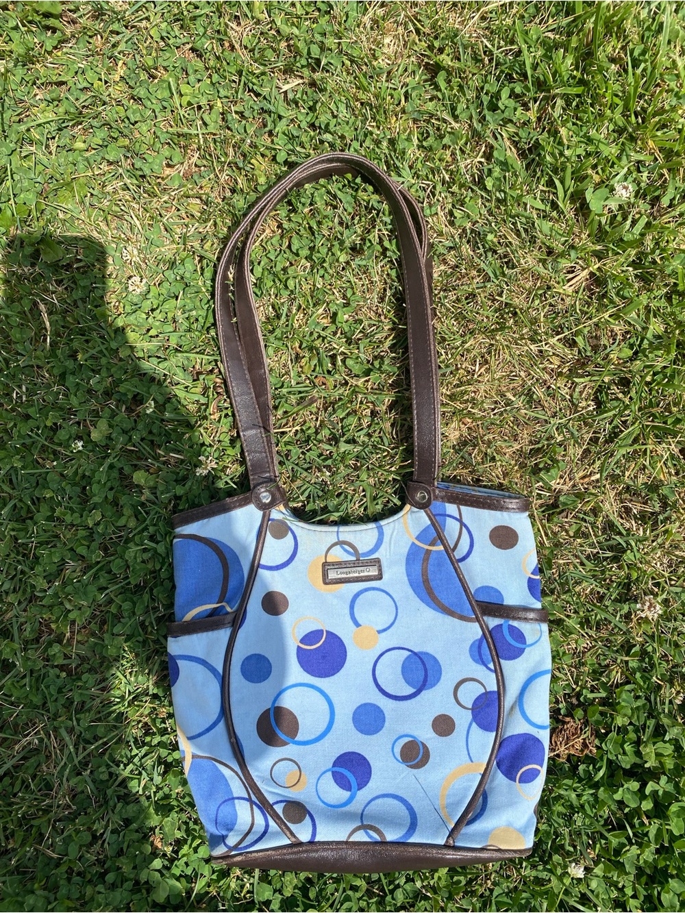Vintage Longaberger Retro Circles Canvas Leather Tote Bag Shoulder Purse